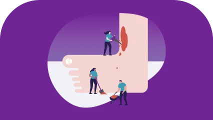 a group of people standing in front of a logo